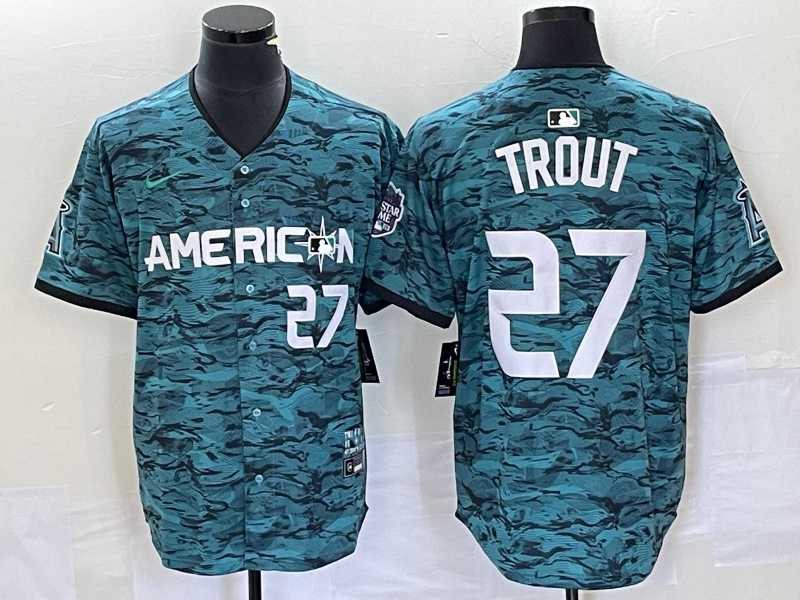 Mens Los Angeles Angels #27 Mike Trout Number Teal 2023 All Star Cool Base Stitched Jersey3